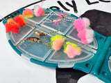 Lively Legz Barbless/ Tungsten “Rainbow and Stocked Trout” Turtle Pocket Fly Box  (24 Barbless Flies)