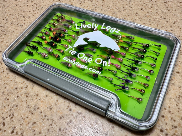 Lively Legz Barbless/ Tungsten Euro Nymph Box (Small Slim Box Preloaded with 74 Euro Nymph Fast Water Series Jig Flies) (Copy)